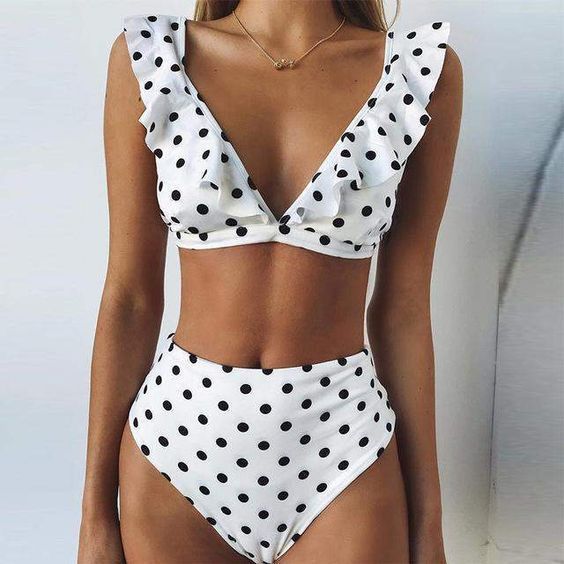 Damen Hoch tailliertes Bikini-Set mit verspielten Rüschen und Pünktchen Echo Archiv