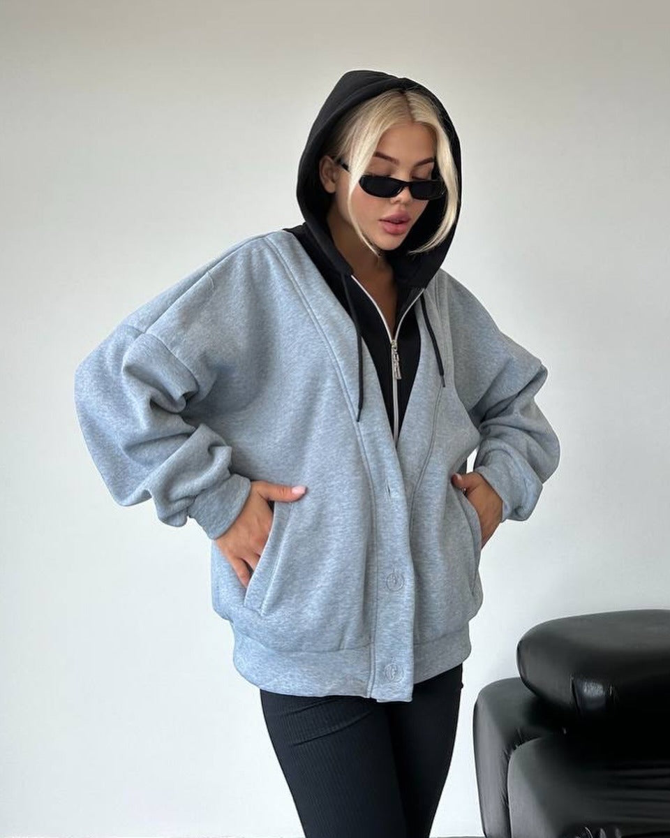 Damen Oversized Kapuzenjacke mit Druckknopfverschluss und Eingrifftaschen Echoarchiv
