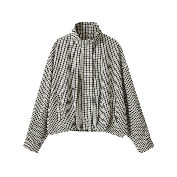 Damen Oversize Kurzblouson im Karo-Design mit hohem Stehkragen und Tunnelzugsaum Echo Archiv