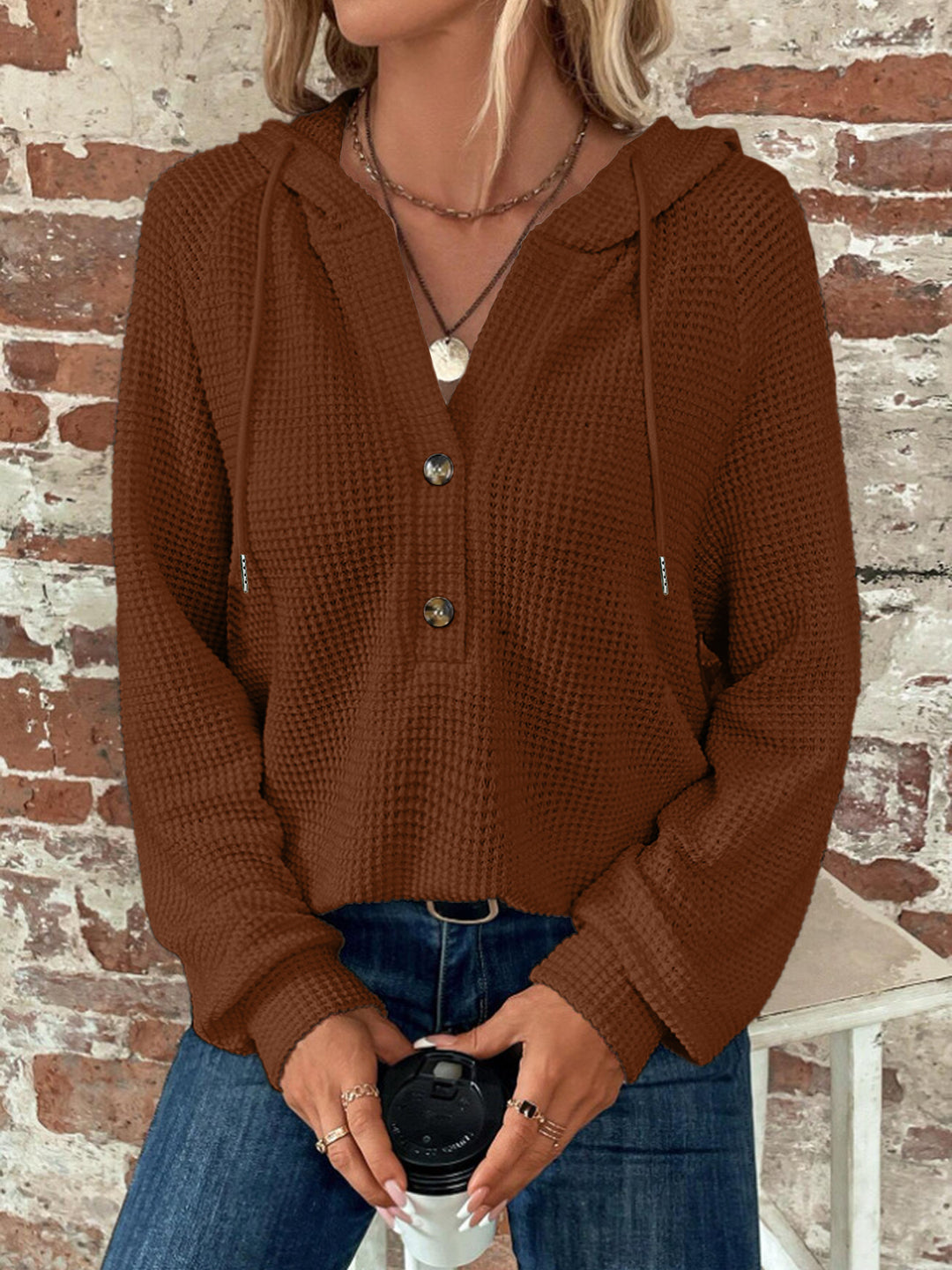 Damen Waffelstrick Kapuzenpullover mit Knopfleiste und Rüschenkragen Echoarchiv