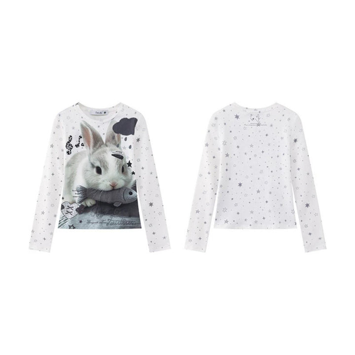 Damen Langarmshirt mit fotorealistischem Hasen-Fotoprint, Allover-Sternenmuster und elastischem Jersey Echoarchiv
