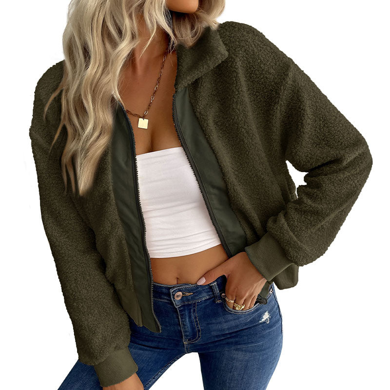 Damen Teddy-Fleece Bomberjacke mit Stehkragen, durchgehendem Reißverschluss und Rippbündchen Echoarchiv