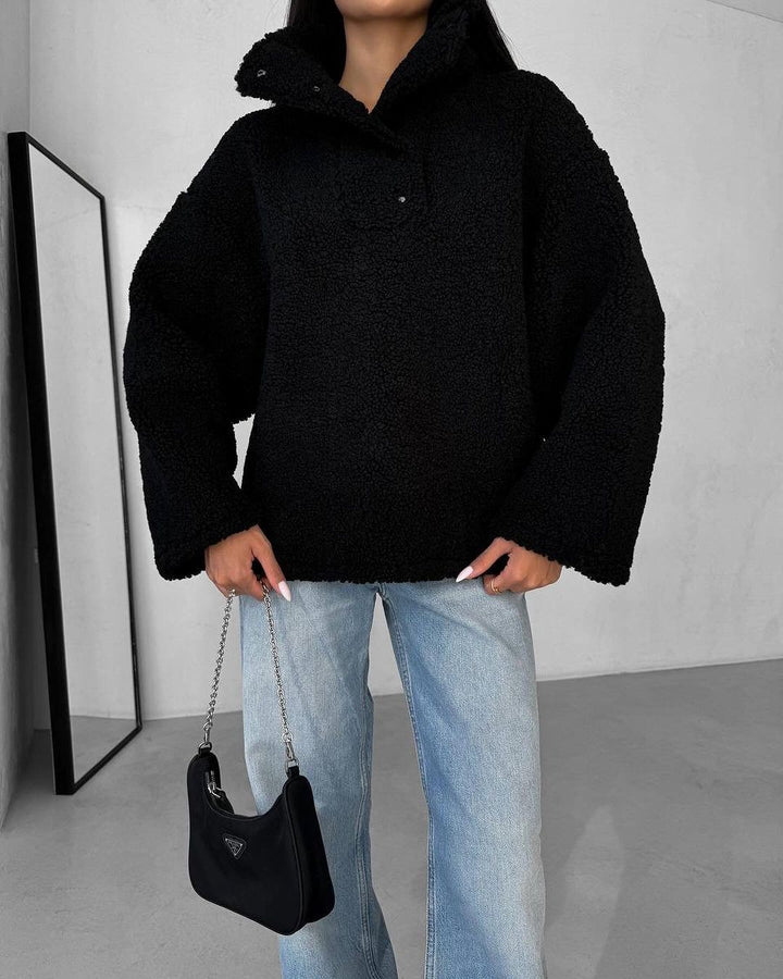 Damen Oversized Teddy-Pullover mit halber Druckknopfleiste und Stehkragen Echoarchiv