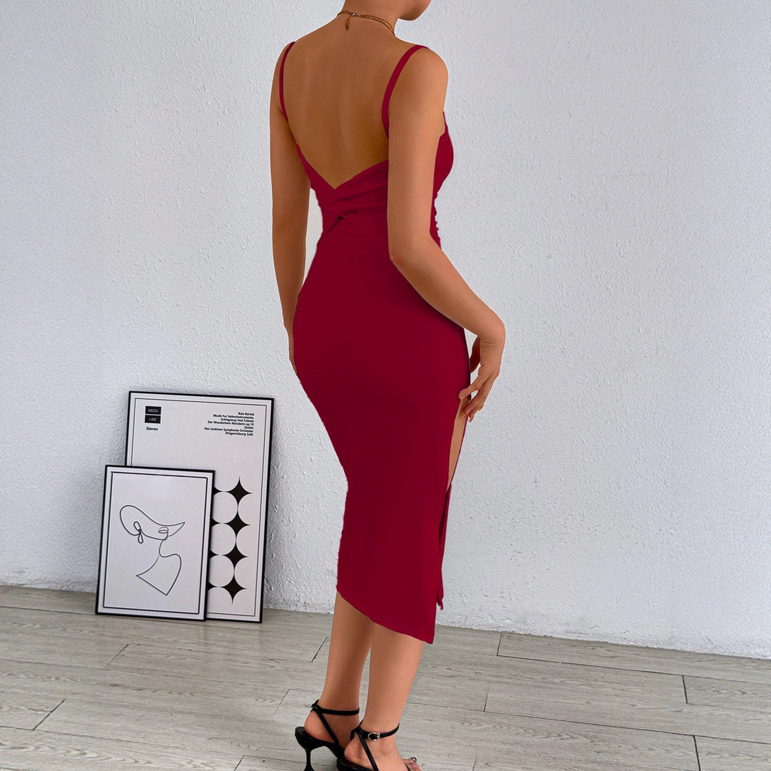 Damen figurbetontes Midi-Kleid mit schulterfreien Trägern und tiefem Schlitz Echo Archiv