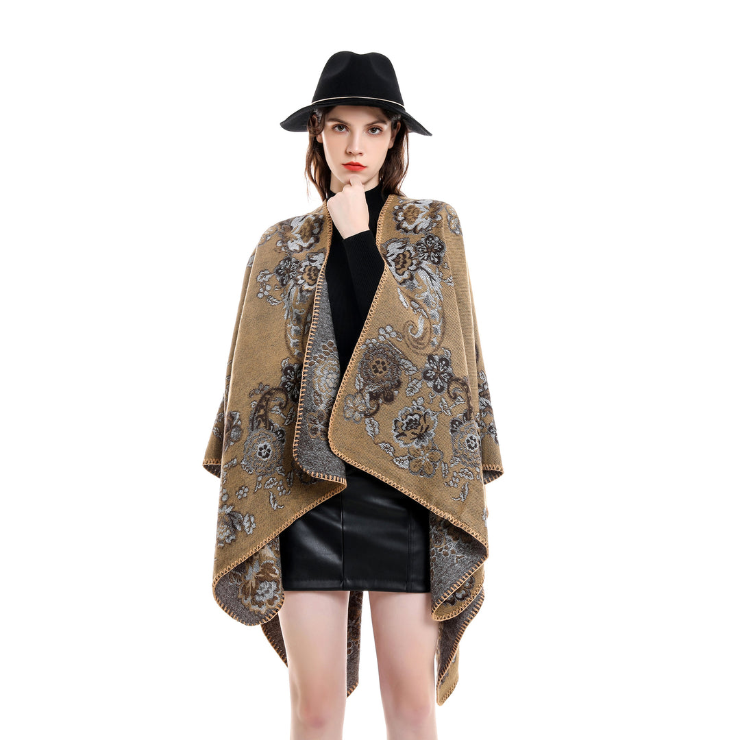 Damen Reversibler Strick-Umhang mit floraler Jacquard‑Webung und Zierkettelnaht – Veloura