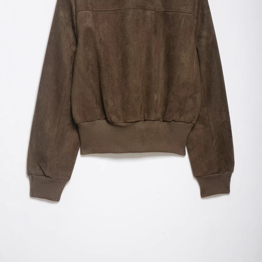 Damen Bomberjacke aus Velourslederoptik mit hohem Rippkragen und Pattentaschen Echoarchiv