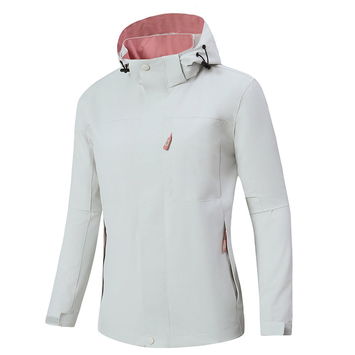 Herren Minimalistische wasserdichte Softshell‑Jacke mit kontrastfutter, verstellbarer Kapuze und verdeckten Reißverschlüssen Echoarchiv