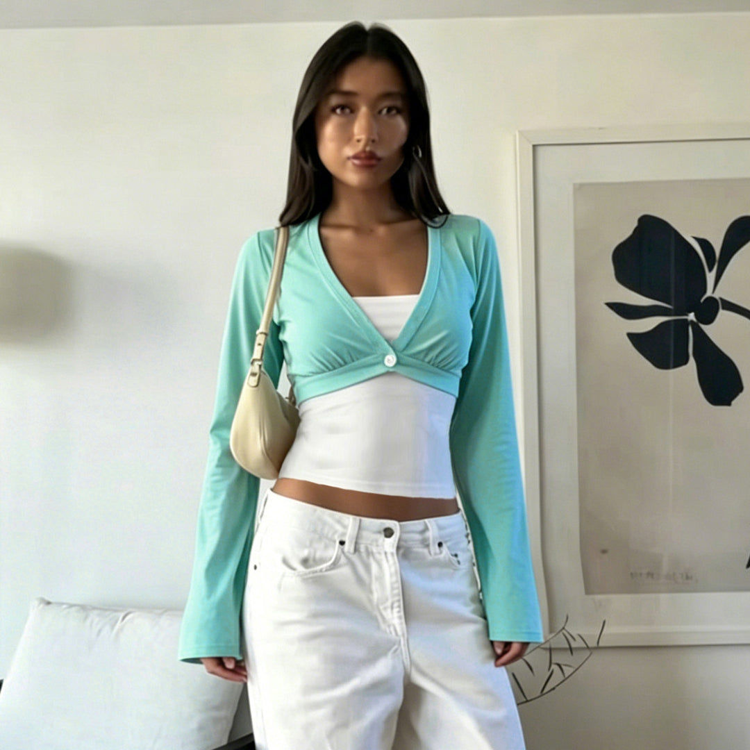 Damen nan Bolero-Overlay-Top mit tiefem V-Ausschnitt, ausgestellten Trompetenärmeln und integrierter Camisole Echo Archiv