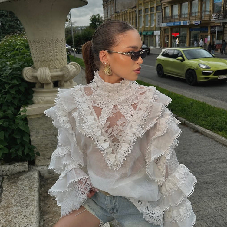 Damen Transparente Spitzenbluse mit Volant-Ärmeln und hohem Stehkragen Echoarchiv
