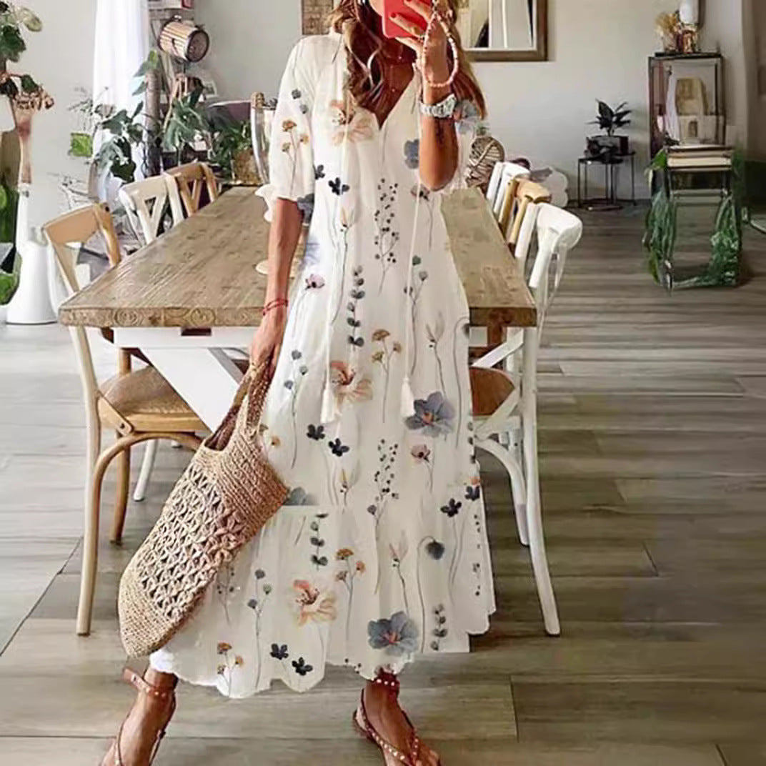 Damen nan luftiges Maxikleid in A-Linie mit V-Ausschnitt, legeren Aufschlagärmeln und floralem Alloverprint Echo Archiv