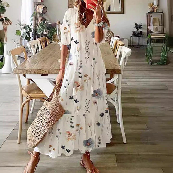 Damen nan luftiges Maxikleid in A-Linie mit V-Ausschnitt, legeren Aufschlagärmeln und floralem Alloverprint Echo Archiv
