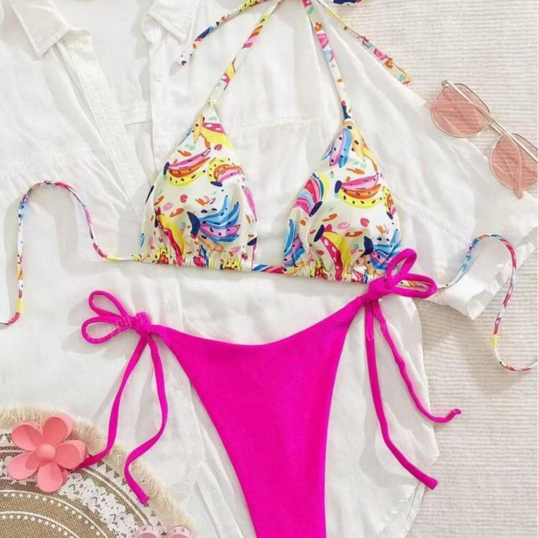 Damen Bikini-Set mit buntem Obstmuster und seitlichem Knoten Echo Archiv