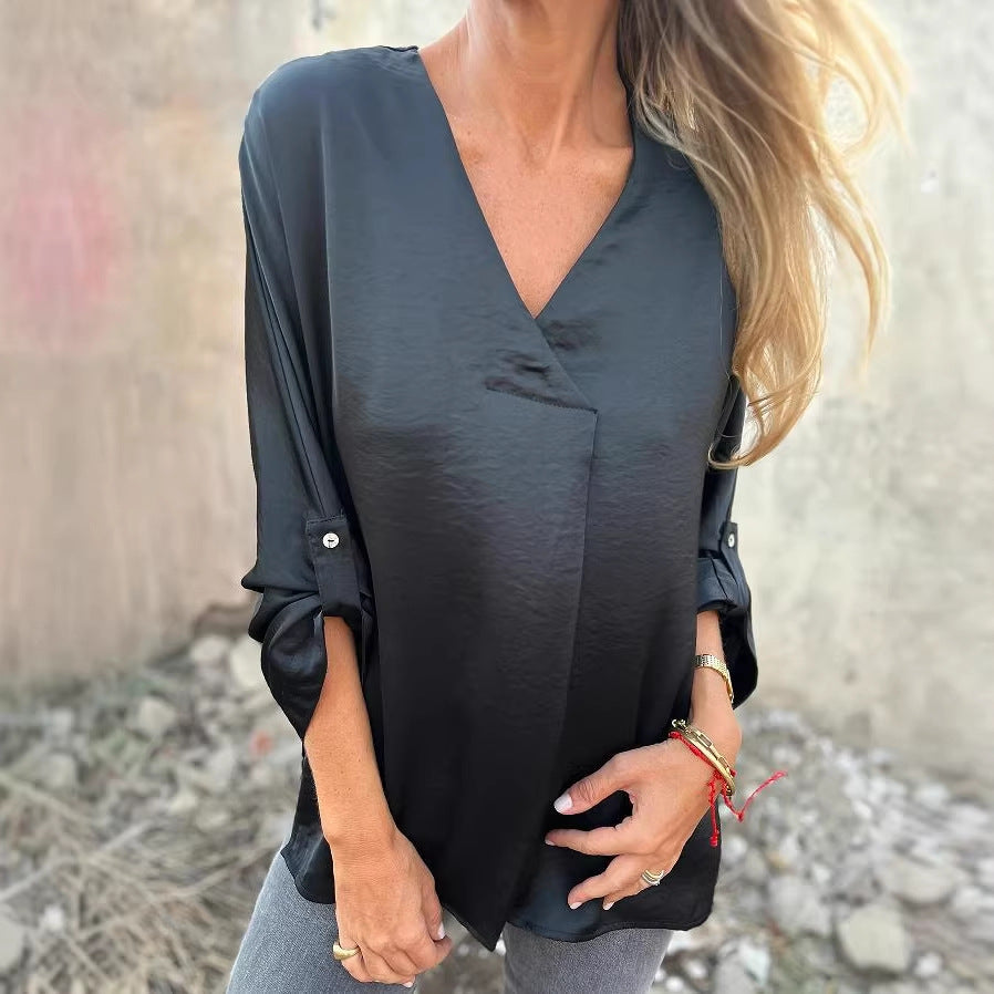 Damen Leichtes V-Ausschnitt Tunika-Bluse mit aufgekrempelten Ärmeln und lockerer Passform – Élovi