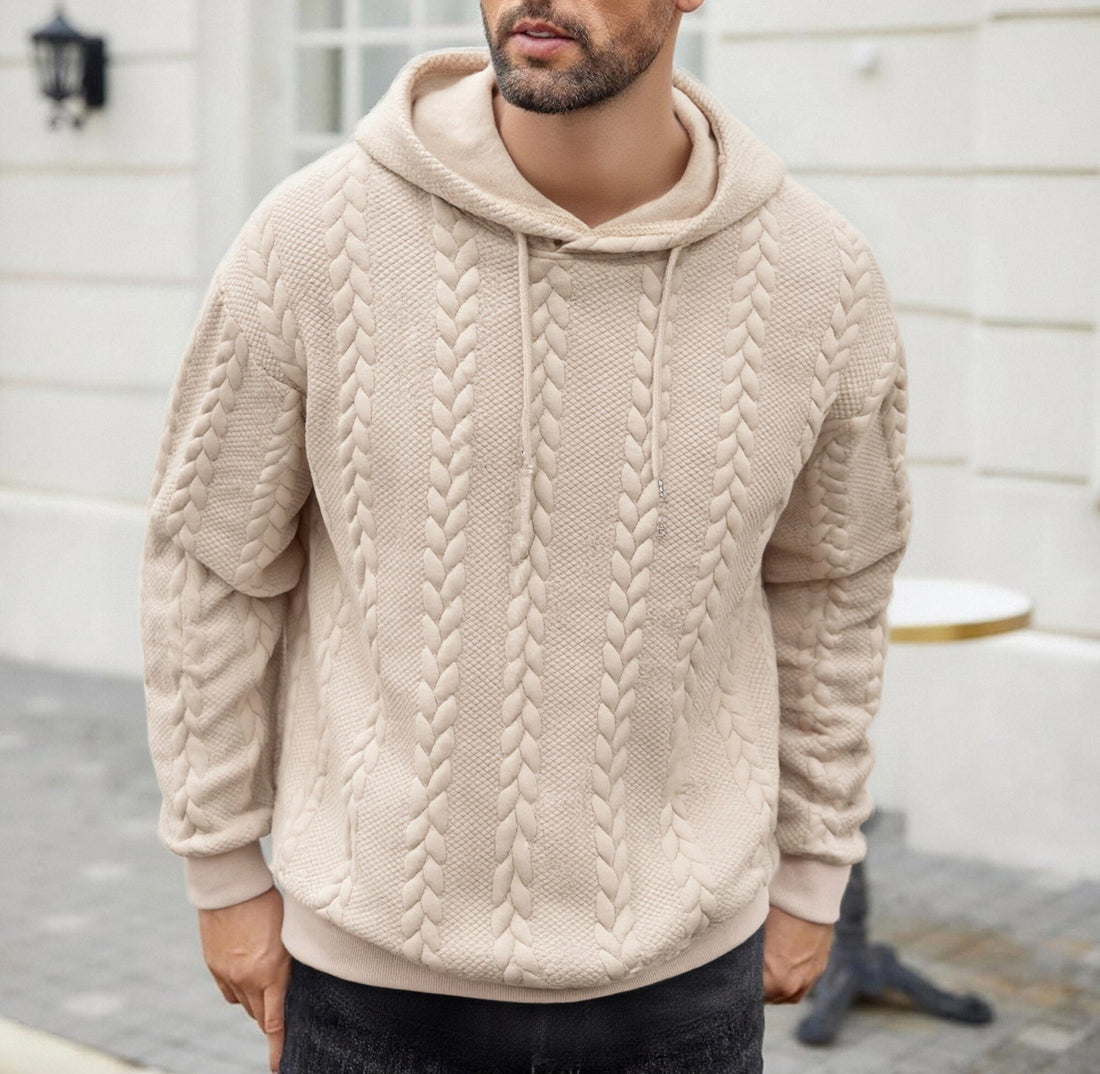 Herren strukturiertes Kapuzen-Sweatshirt mit Zopfstrick-Relief, Tunnelzug und Kängurutasche – Cavarno