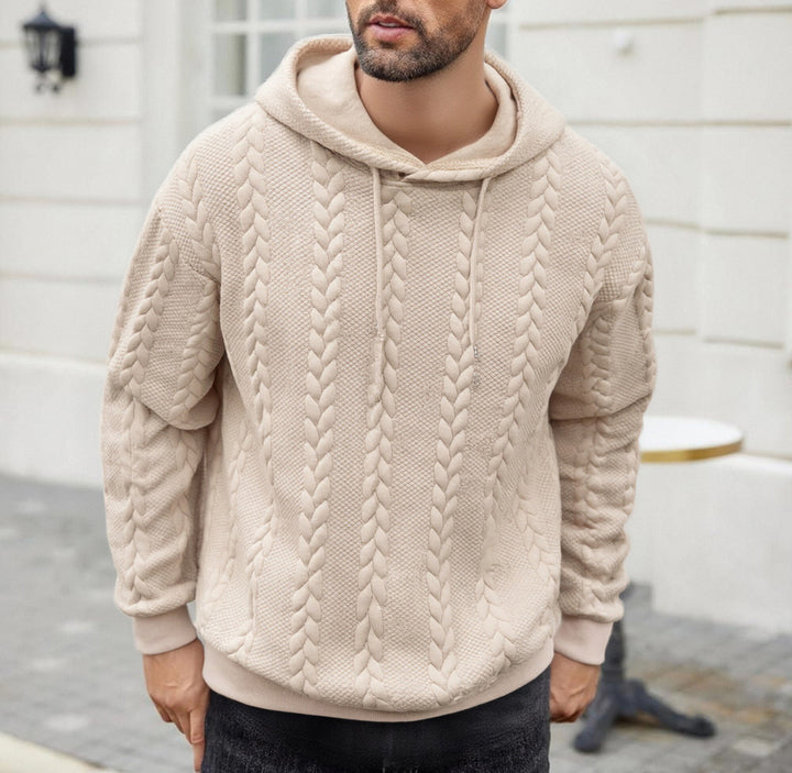 Herren strukturiertes Kapuzen-Sweatshirt mit Zopfstrick-Relief, Tunnelzug und Kängurutasche – Cavarno