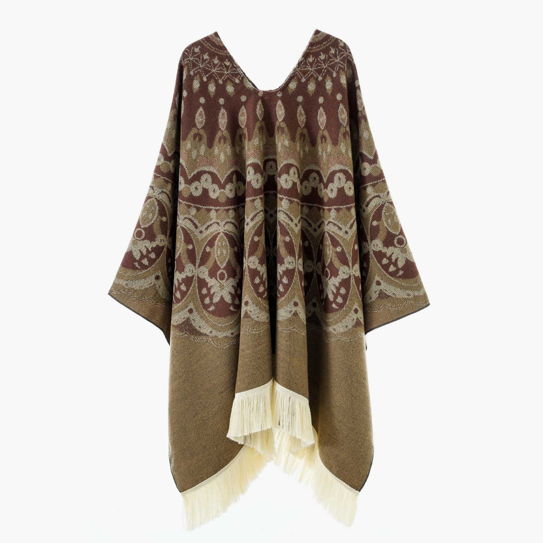 Damen Gewebter Jacquard-Poncho mit V-Ausschnitt, Ethno‑Print und Fransen – Avérine