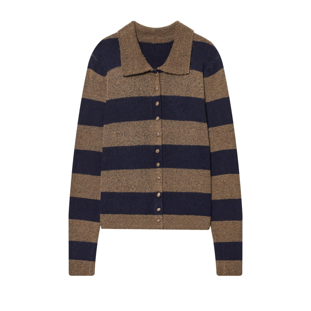 Damen gestreifte Strickjacke mit Hemdkragen, Knopfleiste und kastiger Passform – Veloura