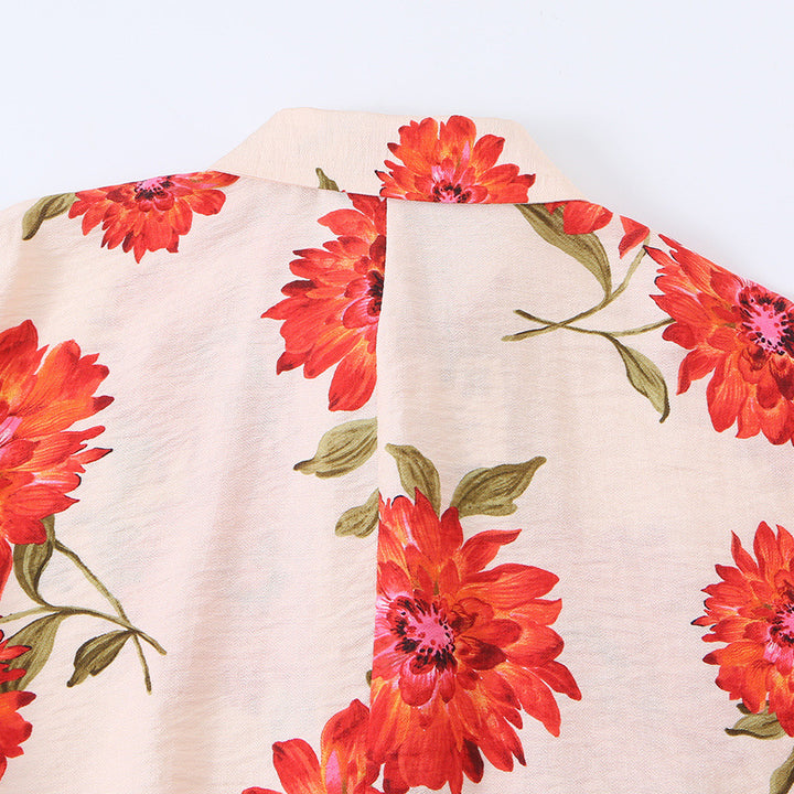 Damen Oversize-Bluse mit Blumenprint, durchgehender Knopfleiste und Dreiviertelärmeln Echoarchiv