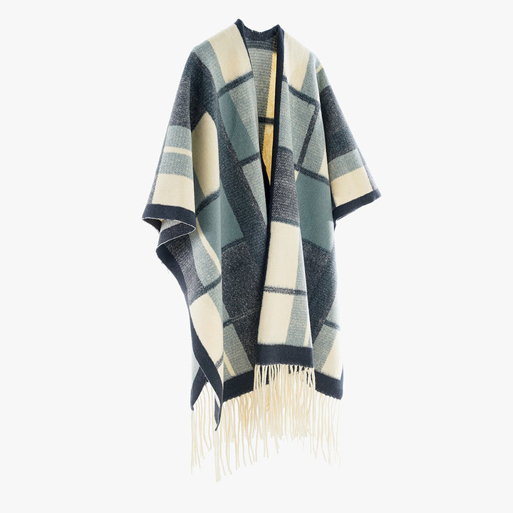 Damen Capeponcho im Oversize‑Rechteckschnitt mit karierter Webstruktur und Fransen – Avérine