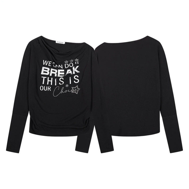 Damen Weiches Langarmshirt mit Wasserfallausschnitt, Statement-Print und Strassapplikationen Echoarchiv