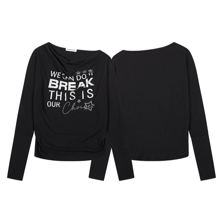 Damen Weiches Langarmshirt mit Wasserfallausschnitt, Statement-Print und Strassapplikationen Echoarchiv