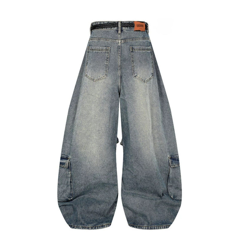 Damen Weite Denim-Cargo-Hose im Balloon-Schnitt mit großen Aufsatztaschen und geflochtenem Gürtel Echoarchiv