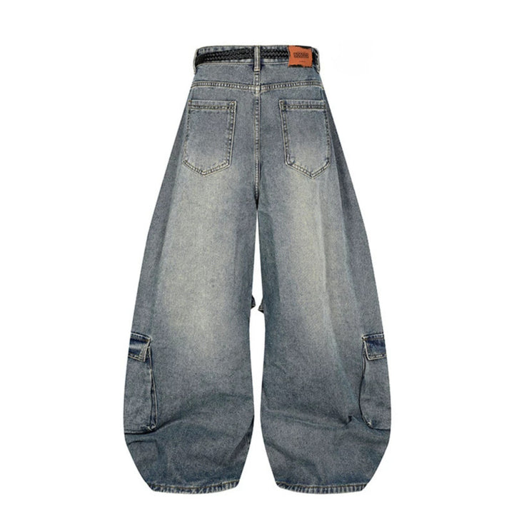 Damen Weite Denim-Cargo-Hose im Balloon-Schnitt mit großen Aufsatztaschen und geflochtenem Gürtel Echoarchiv