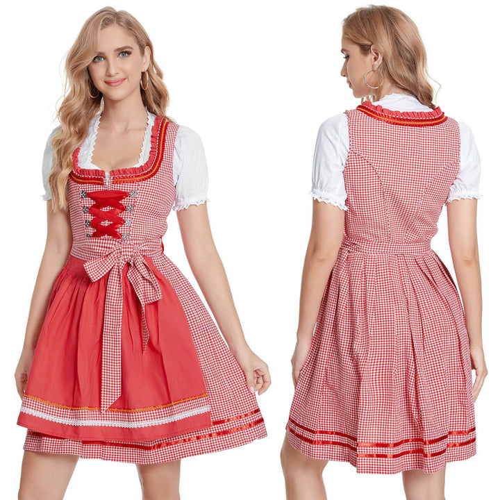 Damen nan klassisches Trachten-Dirndlkleid mit geschnürtem Mieder, herzbestickter Schürze und Vichy-Karo Rock Echo Archiv