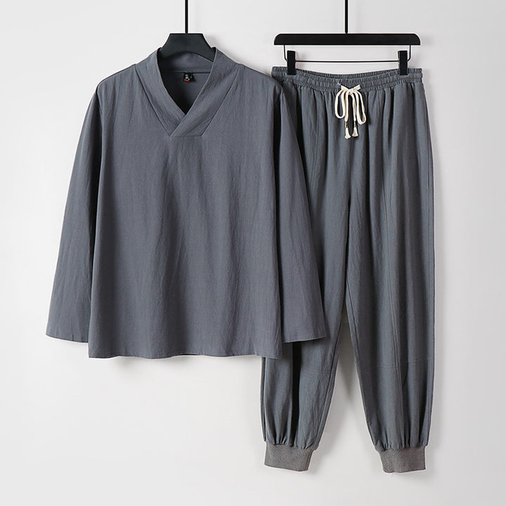 Herren Leichtes Kimono-Loungewear-Set aus Baumwollmix mit V‑Ausschnitt und elastischer Bündchenhose Echoarchiv