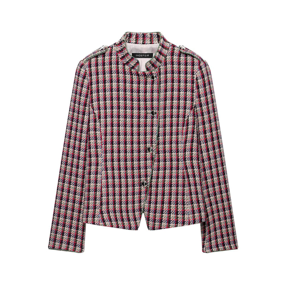 Damen Kurzblazer-Jacke im Bouclé-Tweed mit Stehkragen und Schulterpatten Echoarchiv