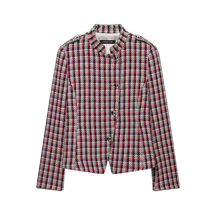 Damen Kurzblazer-Jacke im Bouclé-Tweed mit Stehkragen und Schulterpatten Echoarchiv