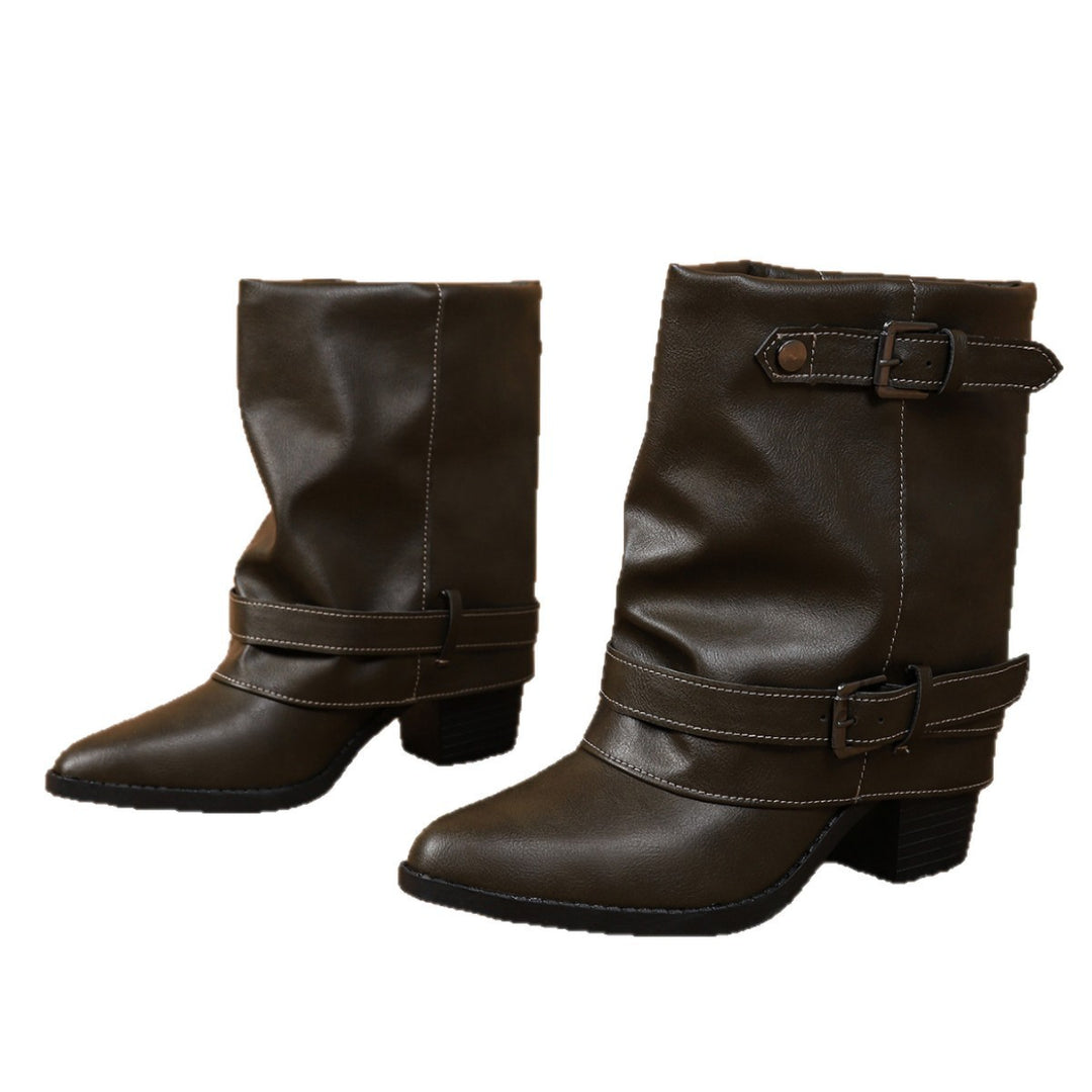 Damen halbhohe Stiefel mit dekorativen Schnallenriemen und Blockabsatz Echoarchiv