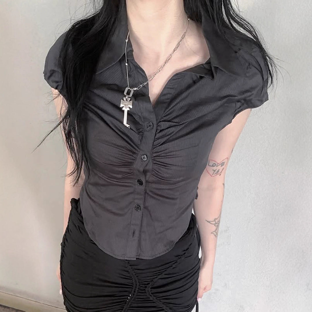 Damen Kurzarmbluse mit Raffung und eleganter Knopfleiste Echo Archiv