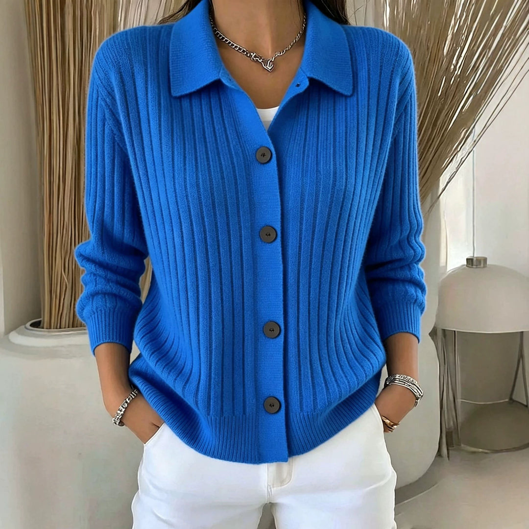 Damen Feiner gerippter Knopf‑Cardigan mit Hemdkragen und kastiger Silhouette – Veloura