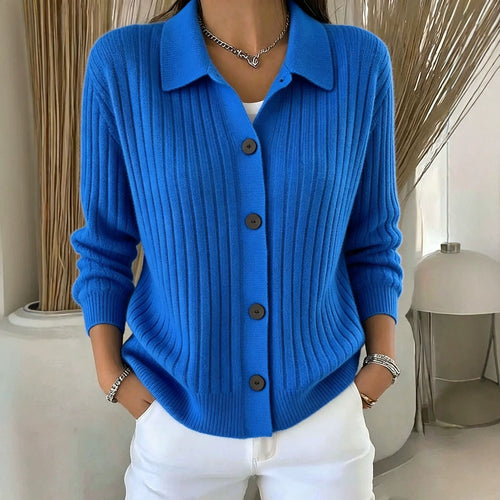 Damen Feiner gerippter Knopf‑Cardigan mit Hemdkragen und kastiger Silhouette – Veloura