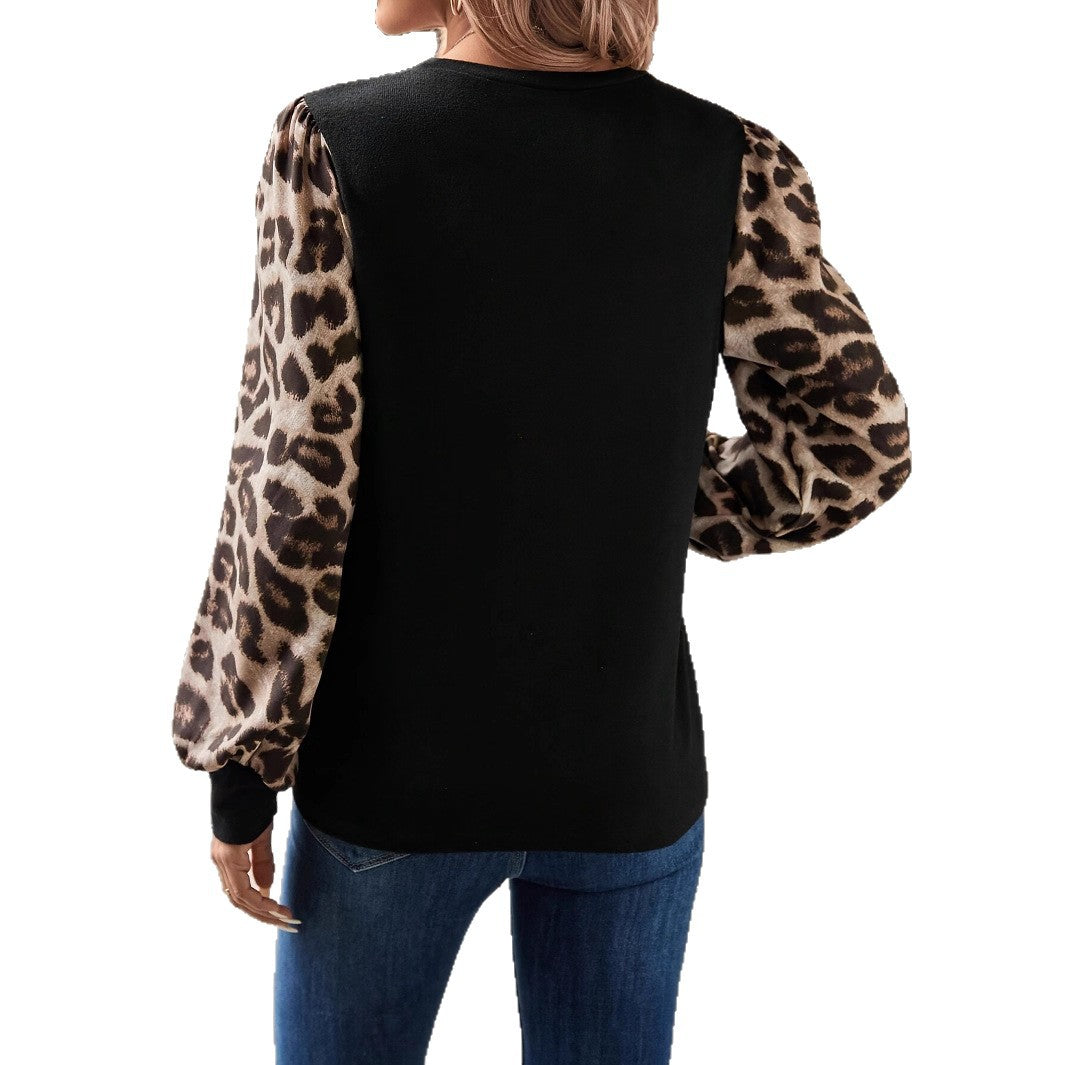 Damen SwEchoarchivtshirt mit modischen Leopardenärmeln Echoarchiv