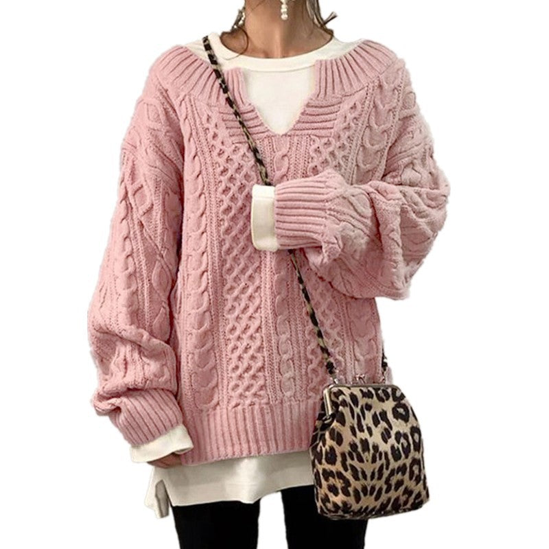 Damen nan weit geschnittener Strickpullover mit Zopfmuster und V-Ausschnitt Echo Archiv