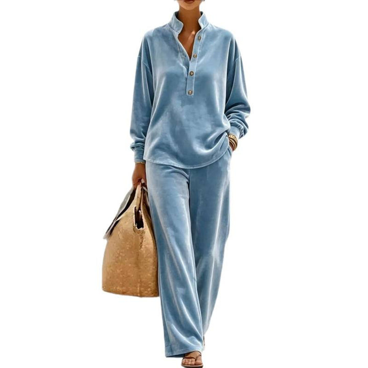 Damen Velours-Loungewear-Set mit Stehkragen-Henleytop und weiter Palazzohose Echoarchiv