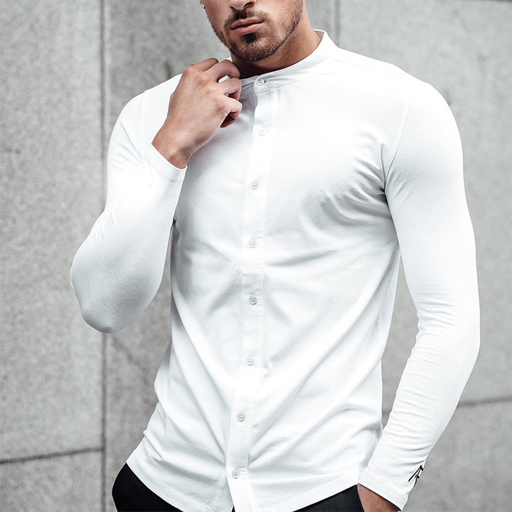 Herren Slim-Fit Langarmshirt mit Stehkragen und Knopfdetails Echoarchiv