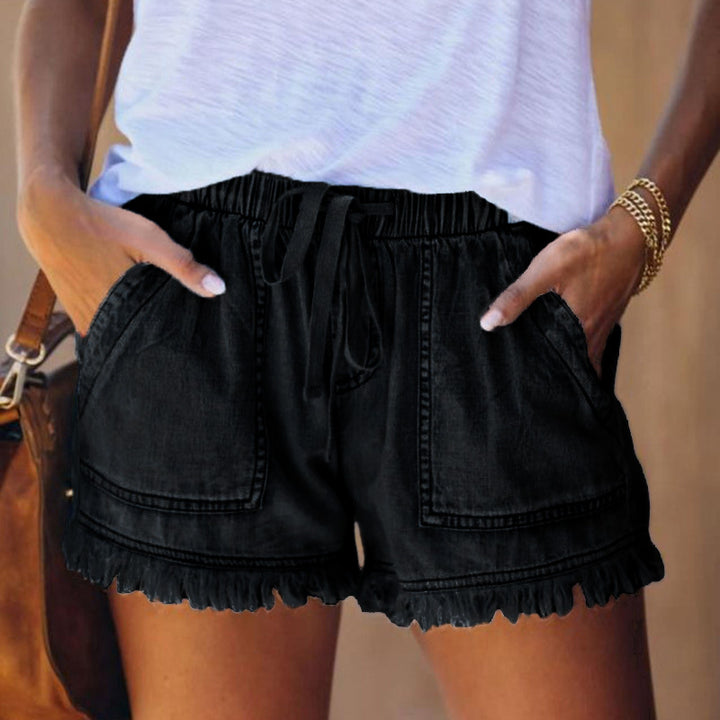Damen lässige Denim-Shorts mit fransigen Abschlüssen und elastischem Bund Echo Archiv