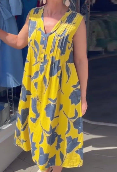 Damen nan lässiges V-Ausschnitt-Midikleid mit Brustpasse, senkrechten Falten und dekorativer Knopfleiste Echo Archiv