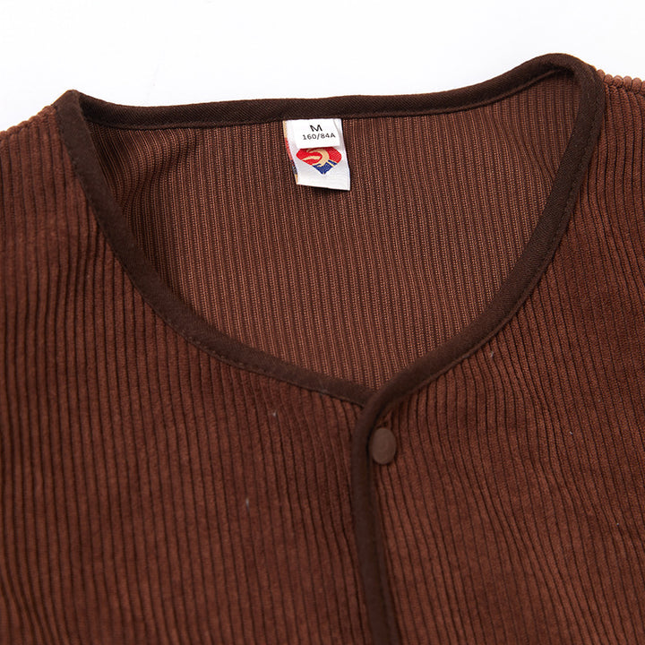 Damen Cropped Rundhals-Cardigan mit Druckknöpfen aus geripptem Strick – Veloura