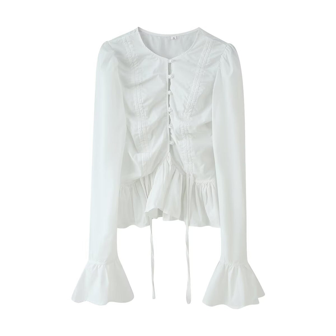Damen Rüschenbluse mit Kordelzug‑Frontraffung, Volant‑Saum und Glockenärmeln Echo Archiv
