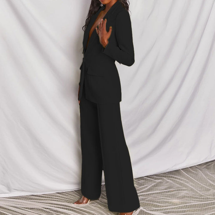Damen nan eleganter Longline-Blazer mit tiefem V-Ausschnitt und weitem Palazzo-Hosenanzug Echo Archiv