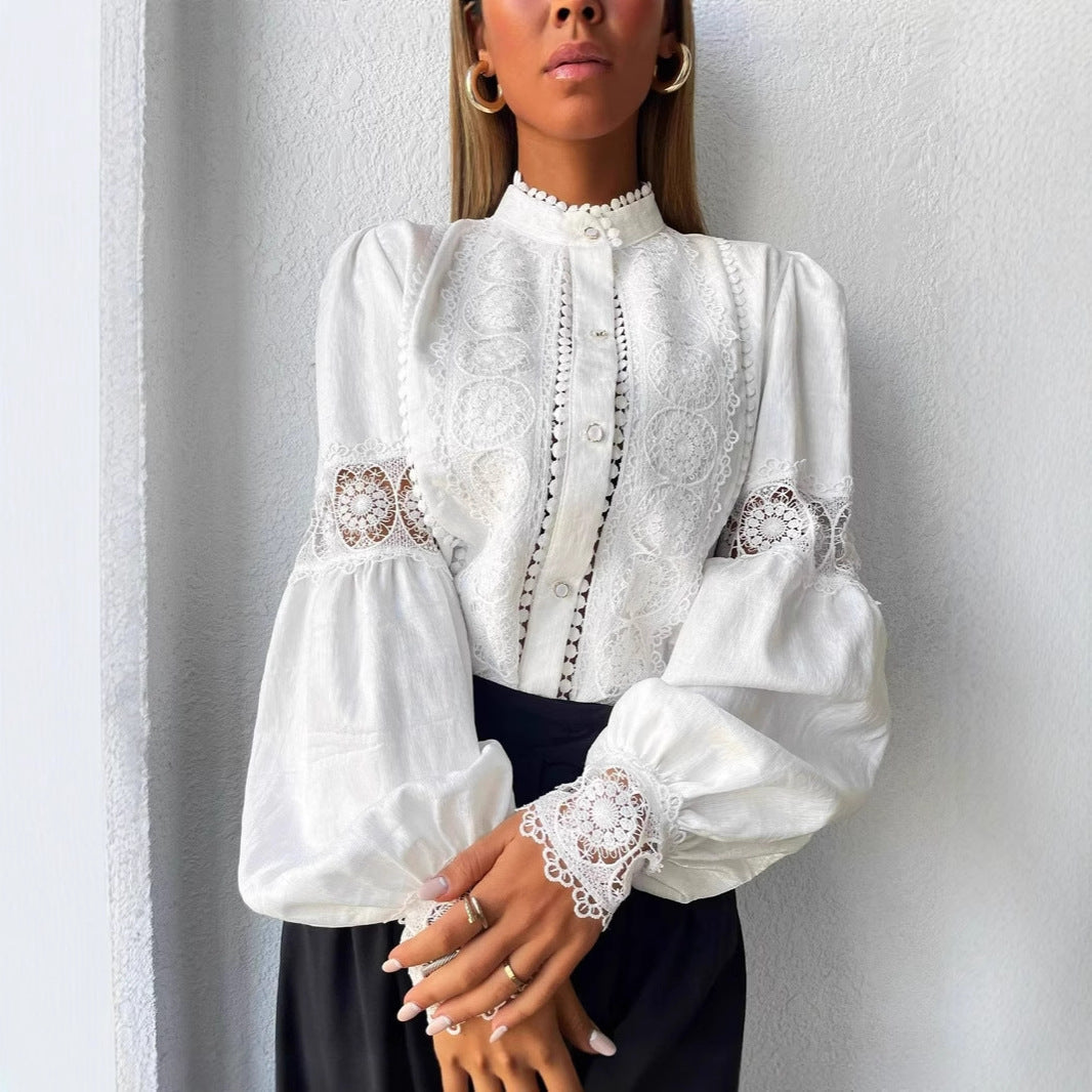 Damen Elegante Spitzenbluse im Vintage-Stil mit Stehkragen und Ballonärmeln Echo Archiv