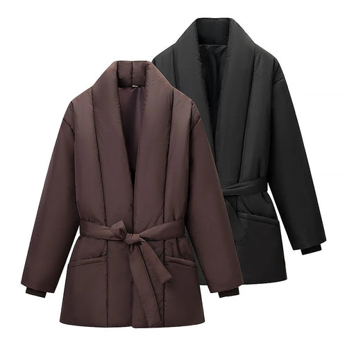 Damen wattierte Jacke mit Schalkragen, Bindegürtel und aufgesetzten Taschen – Célinea