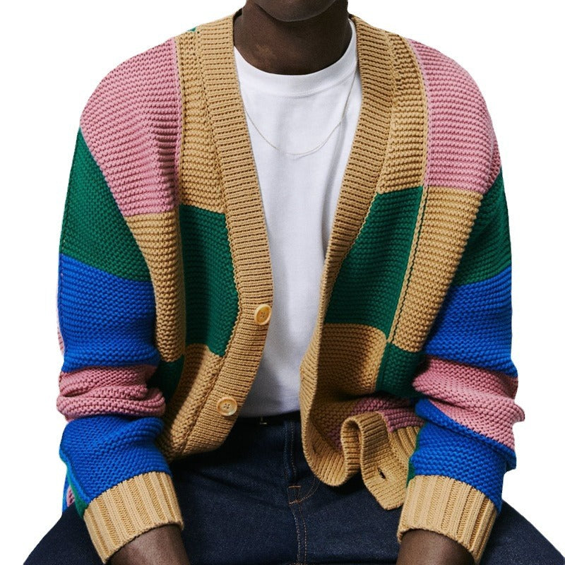 Herren gestreifter Strickcardigan mit bunten Farbblock-Design Echoarchiv