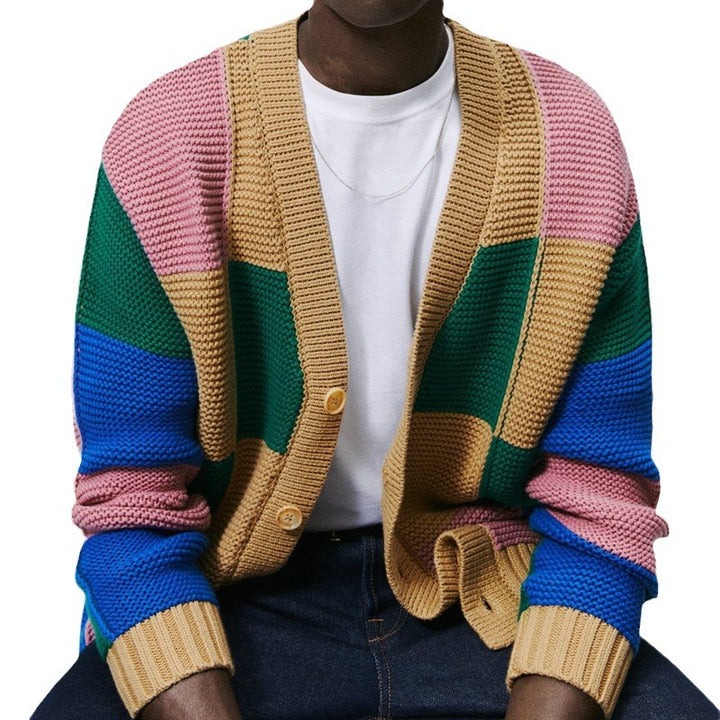 Herren gestreifter Strickcardigan mit bunten Farbblock-Design Echoarchiv