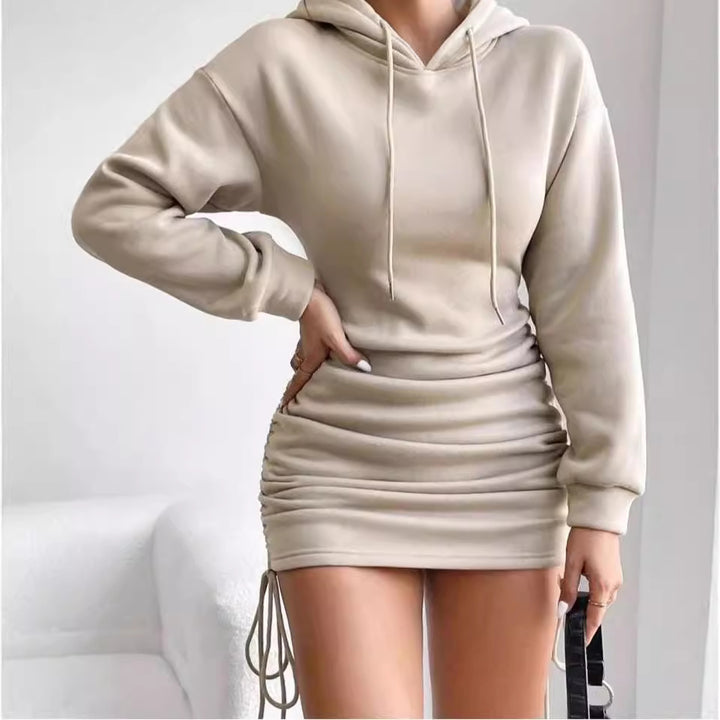 Damen Kapuzenkleid im Sweatshirt‑Stil mit gerafftem Minirock und Kordelzügen Echoarchiv