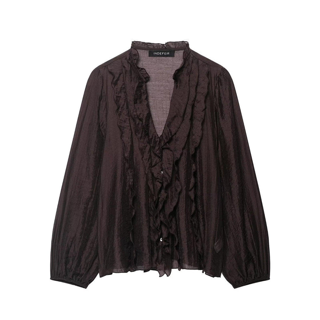 Damen Leichte Chiffon-Bluse mit Volantknopfleiste und Ballonärmeln Echo Archiv